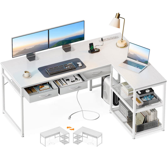 AODK 53 Inch L Shaped Computer Desk with Drawers, Corner Desk with Power Outlets & Reversible Storage Shelves, for Home Office Gaming, White