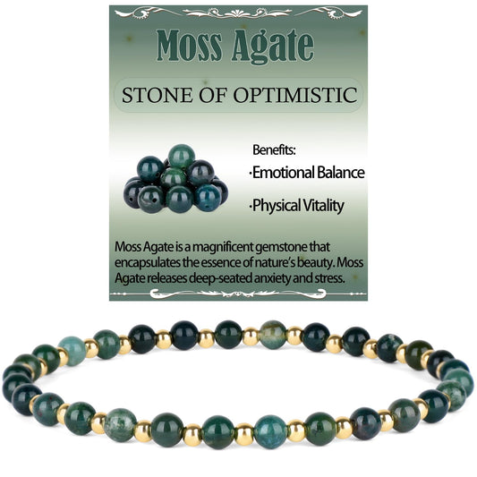 QOGIR Moss Agate - Stone of Optimistic - 14K Gold Plated Beads Natural Gemstone Stretch Elastic Dainty Healing Beaded Bracelets Gifts 4mm