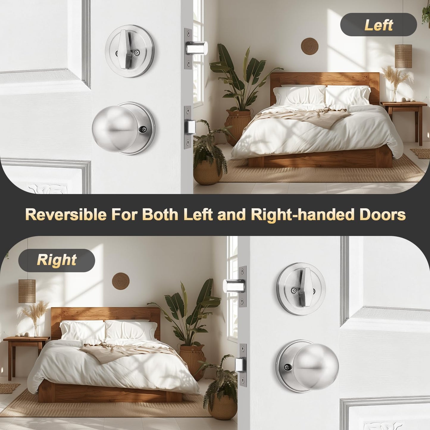 Brotima Front Door Handle and Deadbolt Set, Satin Nickel Front Door Lock Set with Reversible Knob Handle, Modern Exterior Door Handleset with Single Cylinder Deadbolt,1 Pack
