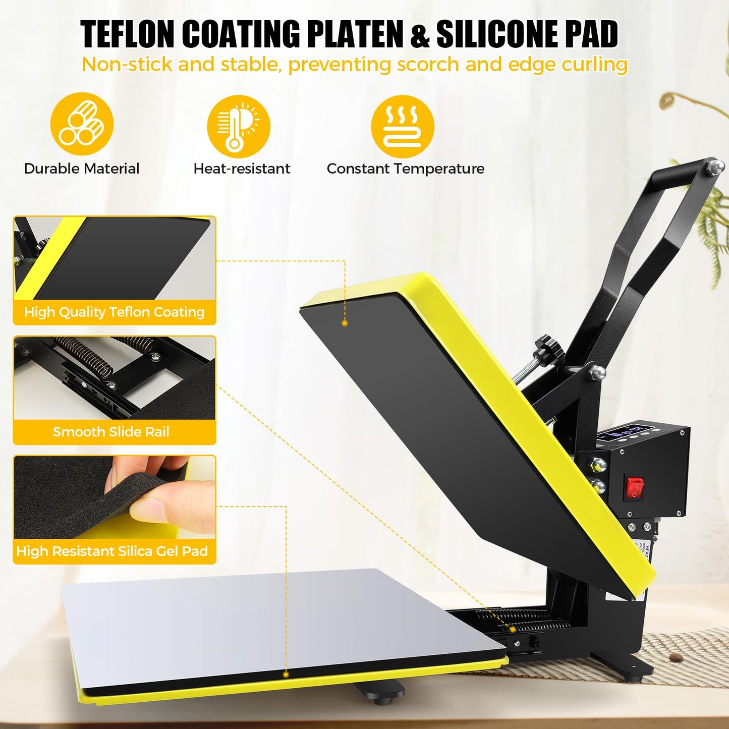 Whubefy Heat Press 15x15, Slide Out Press Machine for T-shirts w/ 3 Pre-Set Modes, Dual-Tube Fast Heating, High Pressure Digital Industrial Clamshell Sublimation Printer for Bag, Pillow, Puzzle & More