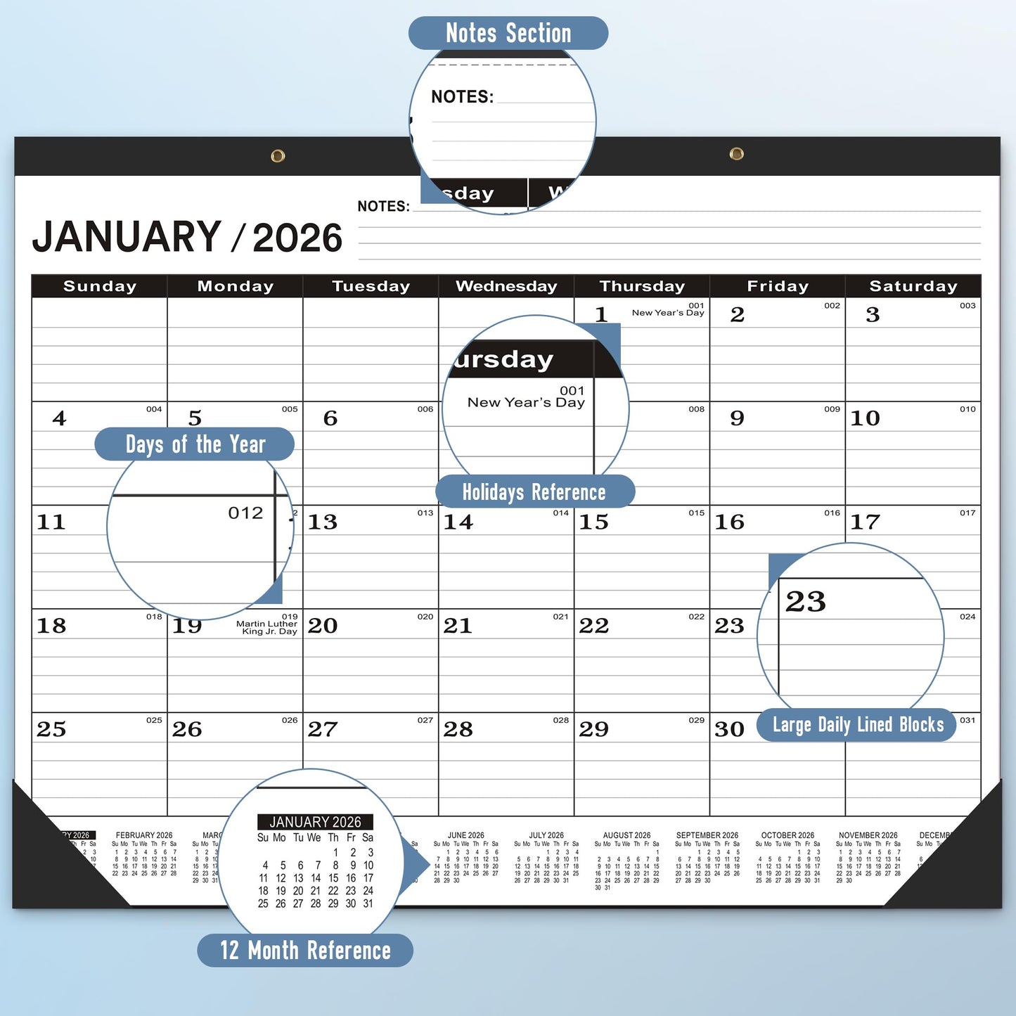 Desk Calendar 2026 Large 22x17,January 2026 to June 2027,Desk calendar 2026, Calendar 2026 with PVC Cover,Round Holes& NOTES List (Black),18 Months -3 PACK 2026 Desk Calender.