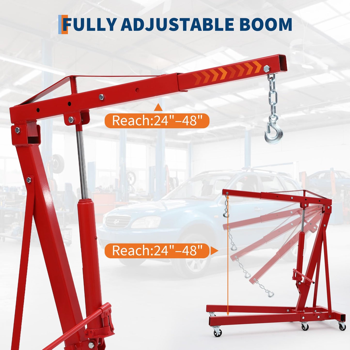 2 Ton Engine Hoist, 4400Lbs Heavy Duty Folding Cherry Picker Engine Lift with 6 Casters, Hydraulic Shop Crane Lifter Cherry Picker for Garage, Workshop, Factory, Red