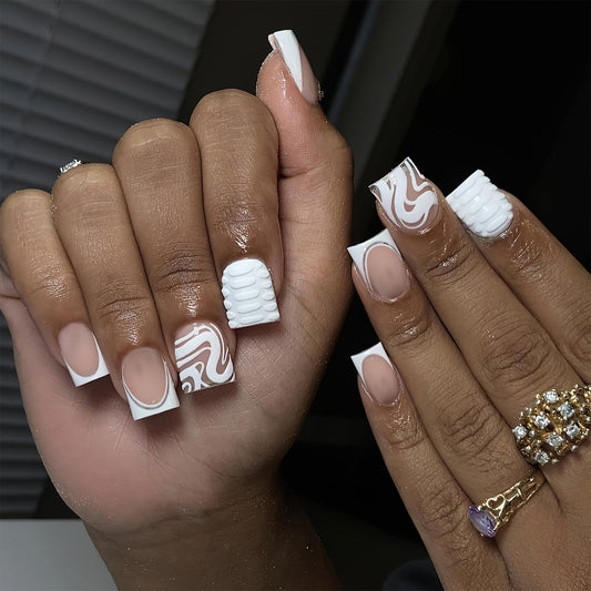 MKWNTG French Tip Press On Nails - Square, Short, Glossy, Full Cover, White Striped Design, Reusable Artificial Acrylic Nails for Women & Girls (24Pcs)