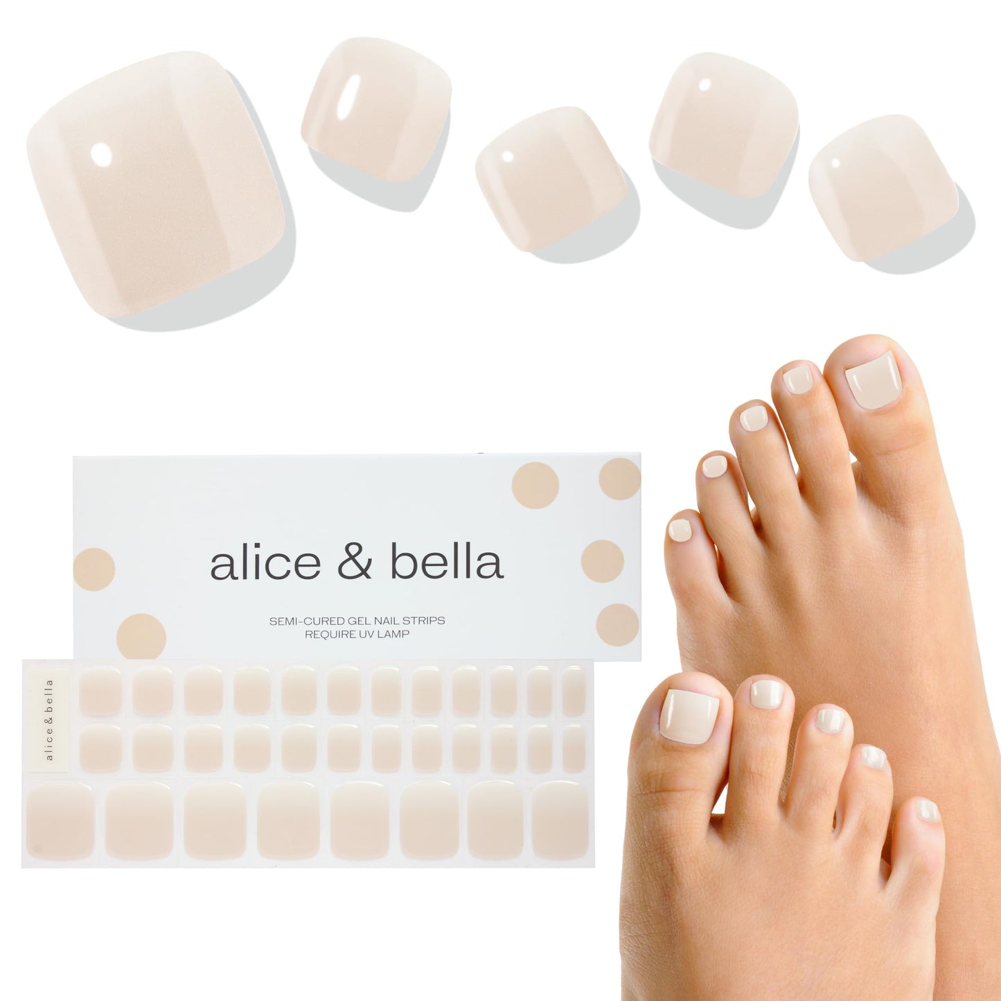 Alice & Bella Milky White Manicure (25pcs) + Pedicure (32 pcs) Bundle Set- Milky White Classy Slightly Translucent Nude Neutral Lip Gloss Mani & Pedi for Any Occasion -Semi Cured Gel Nails Kit