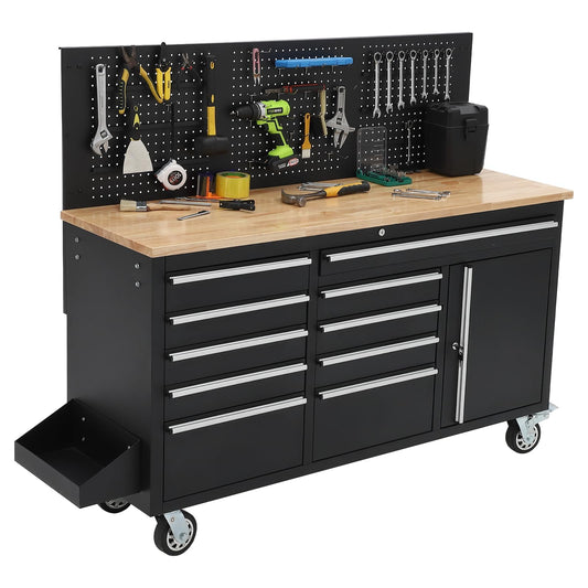 61 Inch Rolling Tool Chest with 10 Drawers, Rubber Wood Workbench Top, Anti-Fingerprint Steel, Lockable Wheels & Key Lock, Mobile Storage Cabinet Organizer for Garage & Workshop