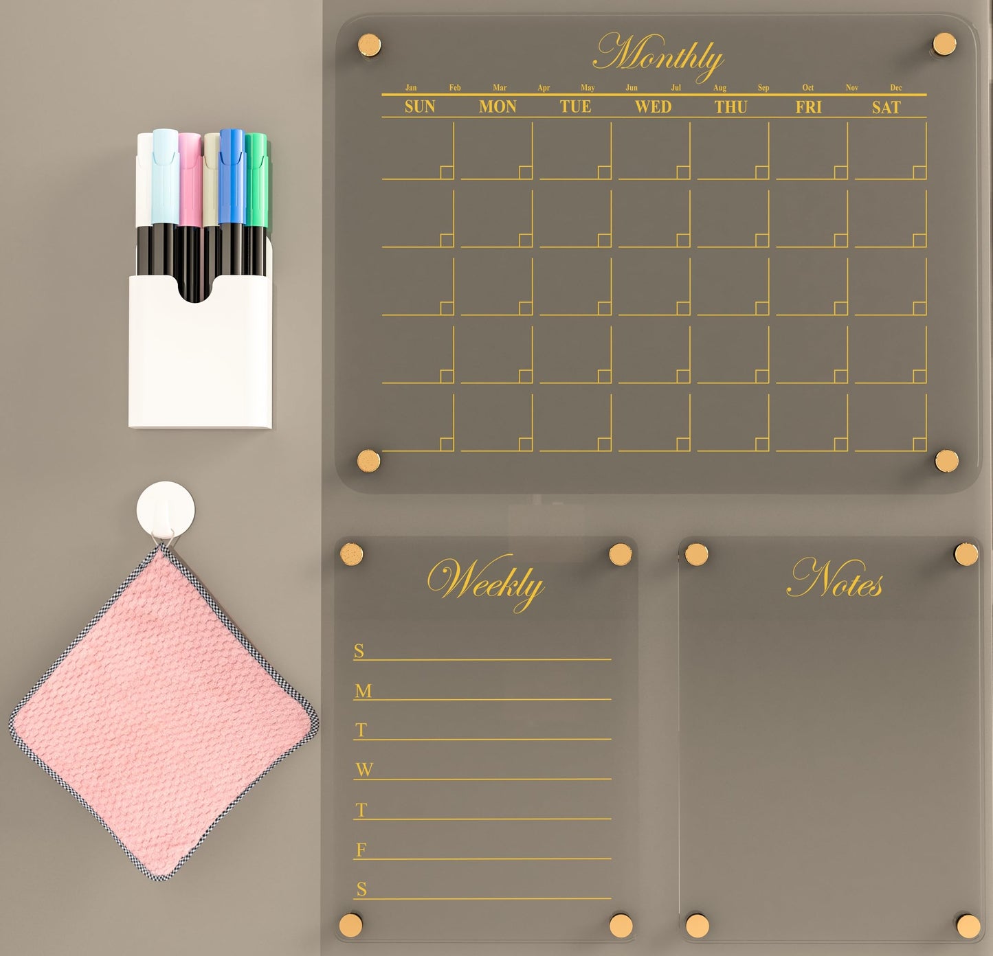 Luxury Acrylic Magnetic Calendar for Refrigerator | Acrylic Calendar for Fridge 12"x16" | 3 Fridge Calendars with Gold Magnets (Monthly, Weekly, and General Notes) | Acrylic Calendar for Wall