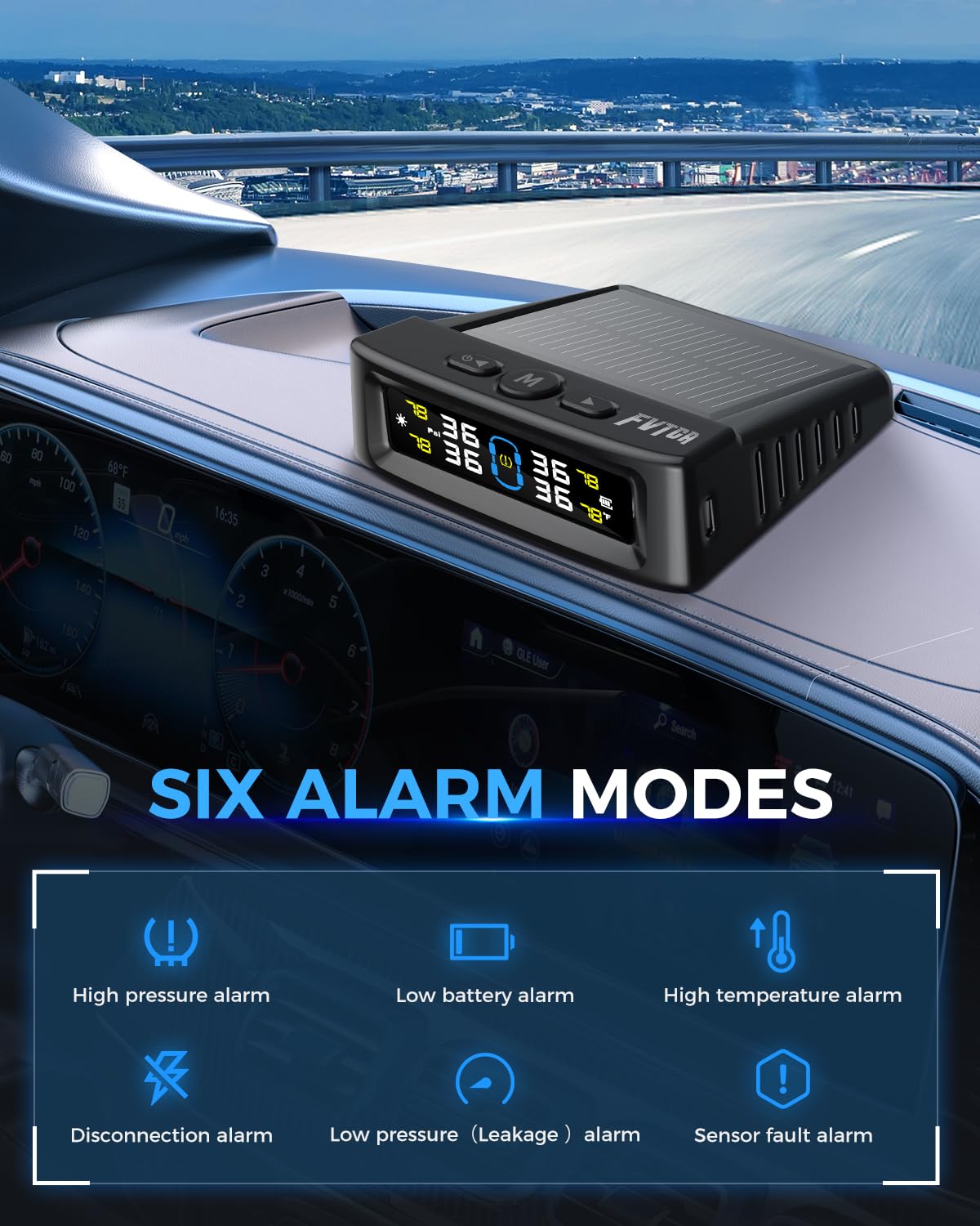 Tire Pressure Monitoring System - TPMS with Solar and USB Charger, 4 Tire Sensors and 6 Alarm Modes, Auto on/Off and Voice Prompt, TPMS with Color LCD Screen, for RV, Sedan, SUV, MPV, etc (0-87 PSI)