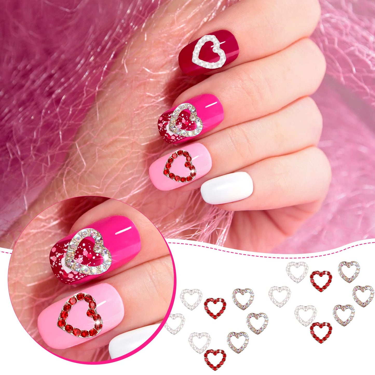 Leelosp 36 Pieces 3D Heart Nail Charms, Alloy Love Heart Nail Gems with Inlaid Rhinestone Pearls for Women Fingernail Art Decorations Christmas Valentine's Day DIY Crafting Design