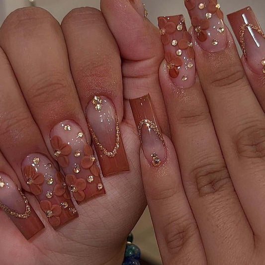 Hkanlre Gradient Press on Nails Medium Brown Fake Nails Tips Full Cover Square False Flower Nails for Women and Girls 24PCS
