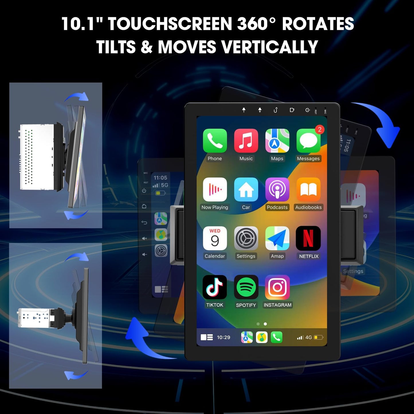 10.1 Inch Rotatable Carplay Screen for Car and Android Auto,Single Din Car Stereo with 720P Backup Camera,Touch Screen GPS Navigation,Bluetooth,Voice Control