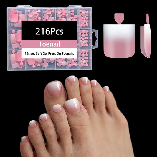 OPkssnails Press on Toenails Short,216Pcs Summer Pink Ombre Toenail Press Ons Square for Women,Soft Gel Toe Nail Tips, Light Weight & Fit Perfectly,Soak off Acrylic Fake Toe Nail Extensions 12 Sizes