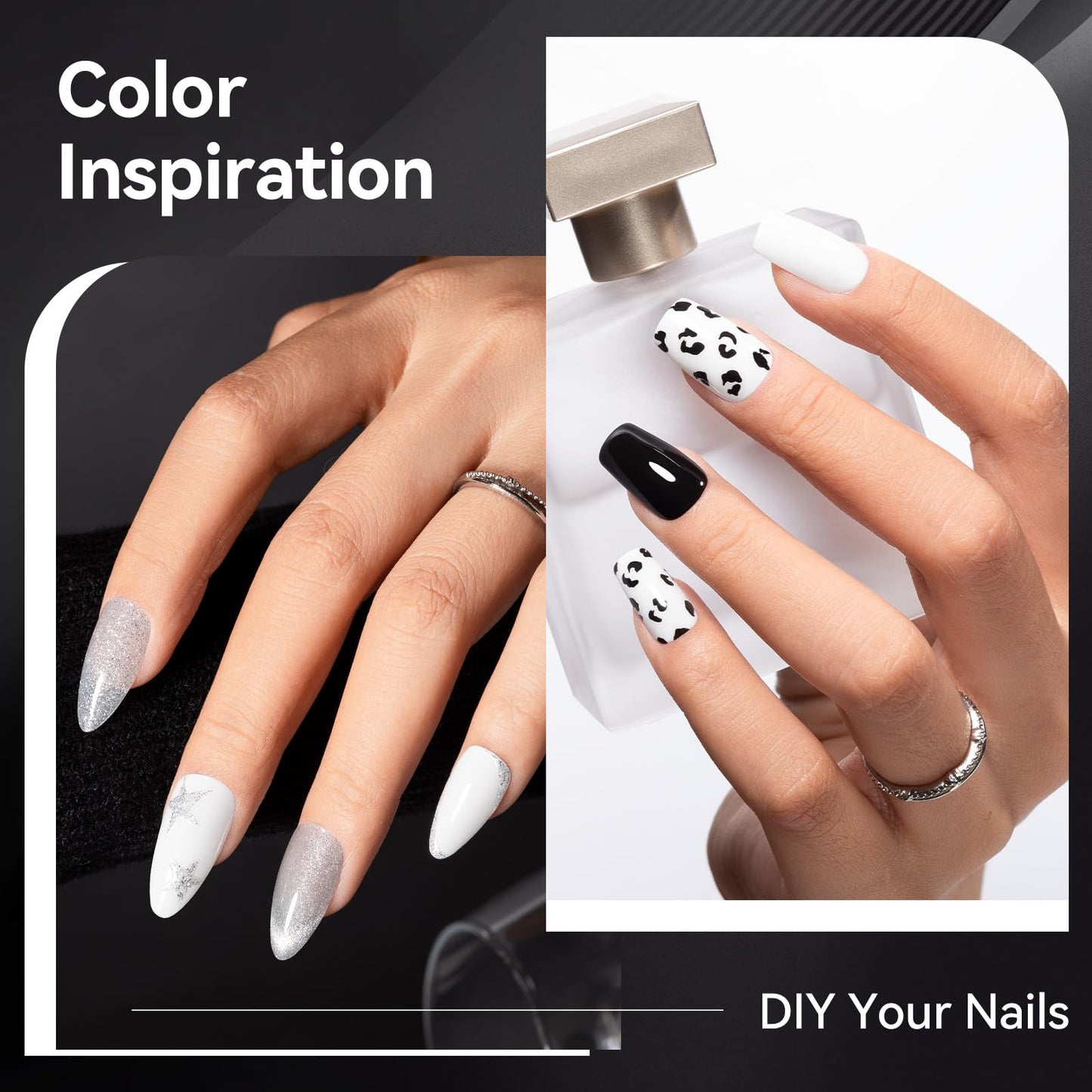 Nailshion Nail Polish Set 6 Colors Black White Silver Gray Sparkle Cat Eye Glitter Shimmer Nail Polish Kit with Magnet, Quick Air Dry Non Gel, Nail Art DIY Home Travel Manicure Gift for Women Girls