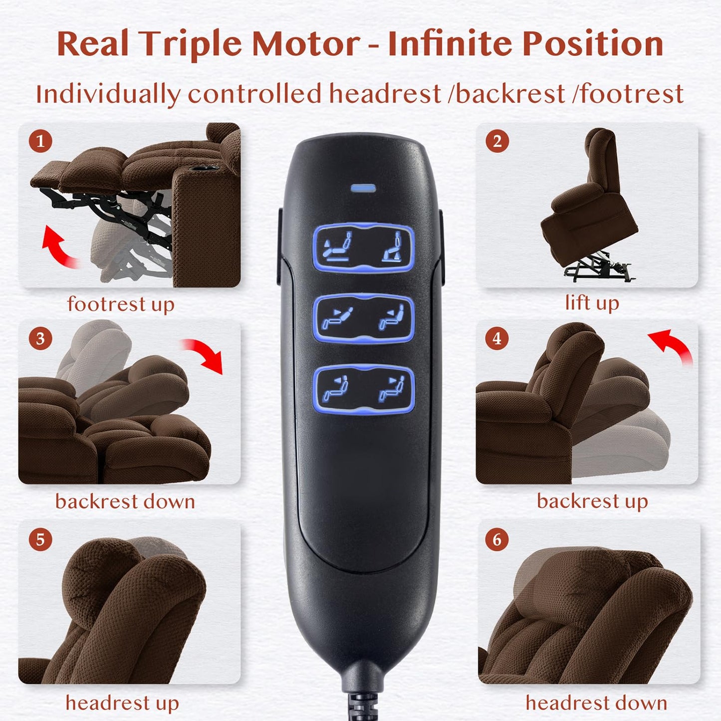Cfvyne Three Motor Large-Wide Power Lift Chairs Recliners for Big and Tall Elderly, 180° Lay Flat Lift Chair, Infinite Position, Power Headrest, Heat & Vibration Massage (Plush Flannel, Dark Brown)
