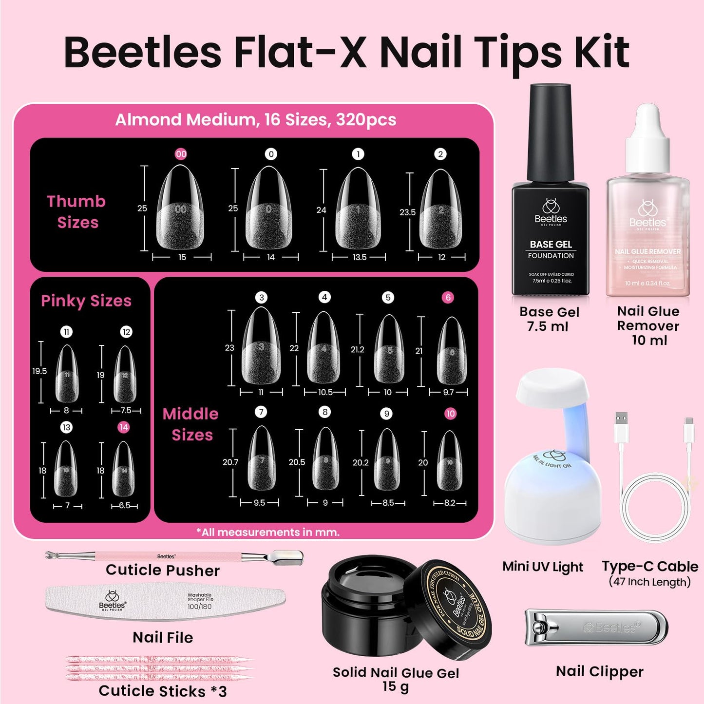 Beetles Gel Nail Kit Flat-X, Almond Medium, 320pcs 16 Sizes Nail tips, with 15g Solid Nail Glue Gel, 10ml Glue Remover, 7.5ml Base Gel, Mini Lamp, for Acrylic Press On Nail, Extension DIY Set at Home