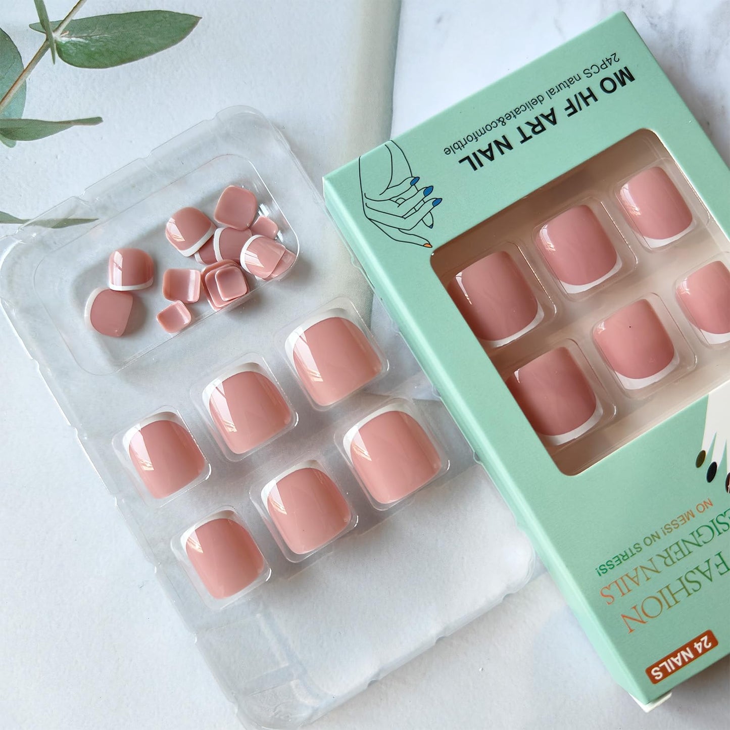 White French Tip Press on Toenails Pink Glossy Fake Toe Nails Acrylic Toenail Press ons Summer Artificial Glue on Toe Nails Short Square Toe Press on Nails for Women 24Pcs