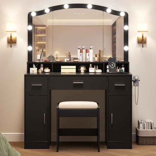Patikuin Modern Makeup Vanity Table Set with LED Lighted Mirror, 3 Drawers, 2 Cabinets, Charging Ports, Cushioned Stool - Storage Desk for Girls and Women Bedroom or Playroom - Black