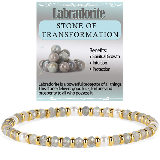 QOGIR Labradorite - Transformation - 14K Gold Plated Beads Natural Gemstone Stretch Elastic Dainty Healing Beaded Bracelets Gifts 2x4mm
