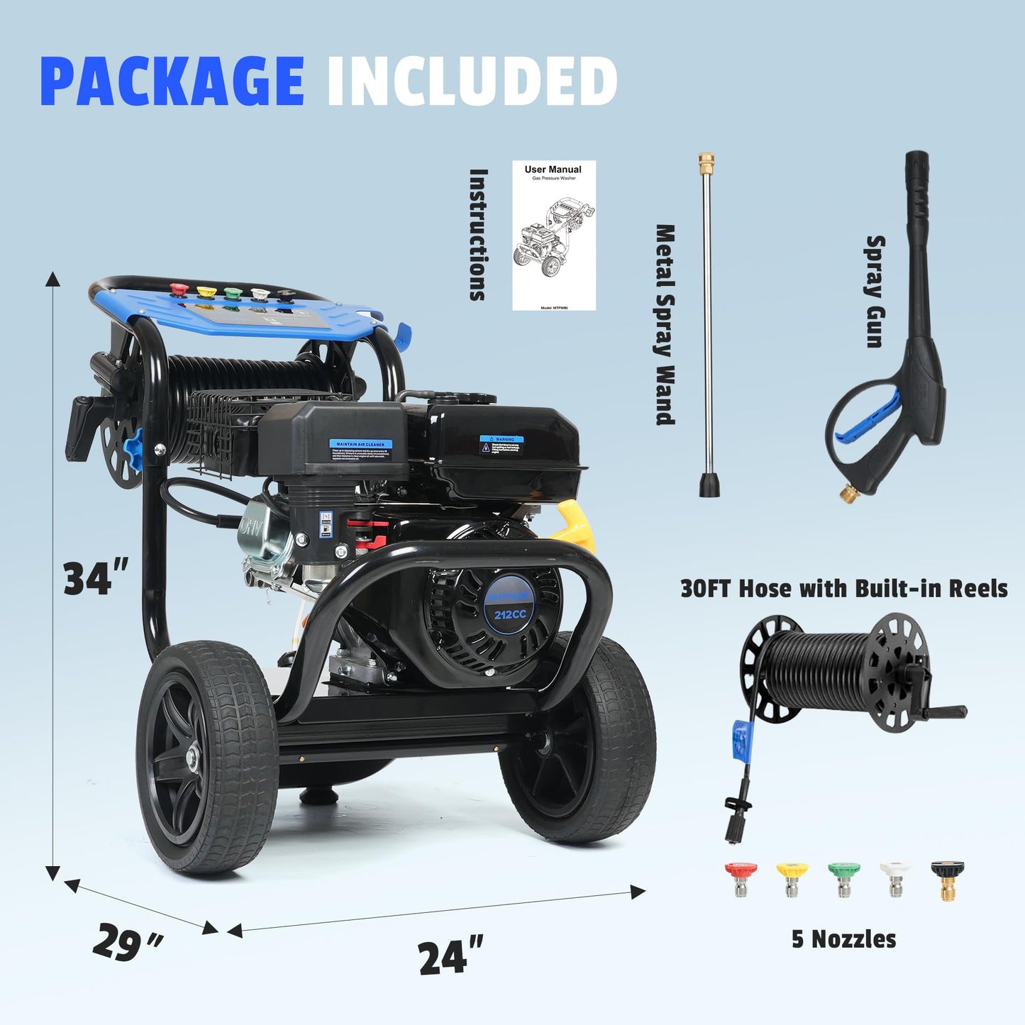 AACULPET 3600PSI Gas Pressure Washer, 2.3 GPM 212CC High Pressure Washers, 30FT Hose with Reel, Built-in Soap Tank, 5 Quick-Connect Nozzles, Axial Pump, Heavy Duty Gas Power Washer for Cars Driveways