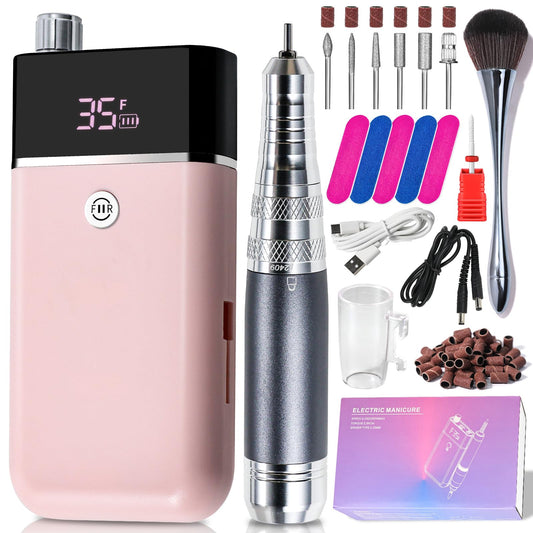 Moskany Professional Electric Nail Drill Kit Pink Portable Rechargeable Cordless Nail File Machine 35000 RPM with 7PCS Bits for Acrylic Gel Powder Nails Polish Pedicure Toenail Tool Salon Set