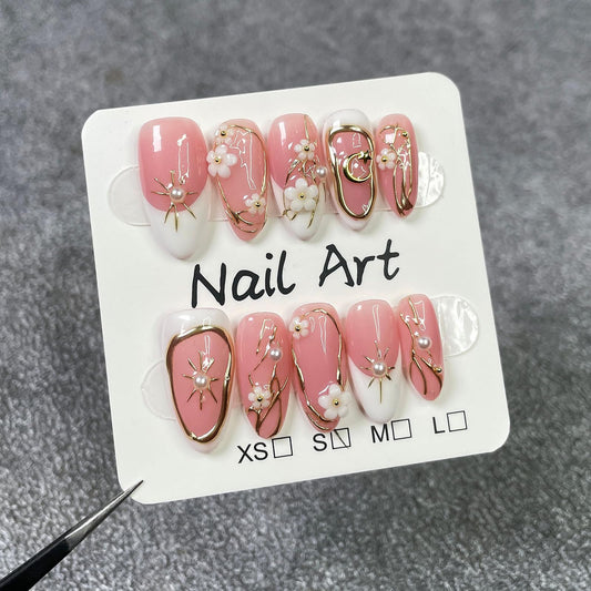 10Pcs Handmade Flower Press on Nails Almond Medium Fake Nails with 3D Flower Pearl Design Spring Summer Flower False Nails French Tip Acrylic Nails Press ons Holiday Stick on Nail for Women (S)