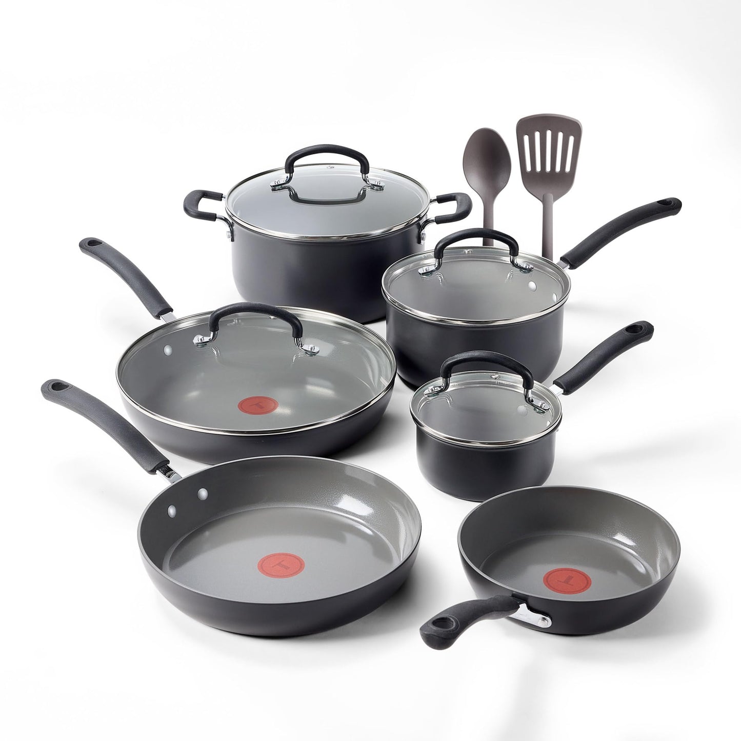 T-Fal Ultimate Hard Anodized 12-Piece Ceramic Nonstick Cookware Set, Oven Safe Up to 400°F, Ceramic Pots and Pans Set, Frying Pans, Saucepan, Stockpot, Cooking Utensils, Grey