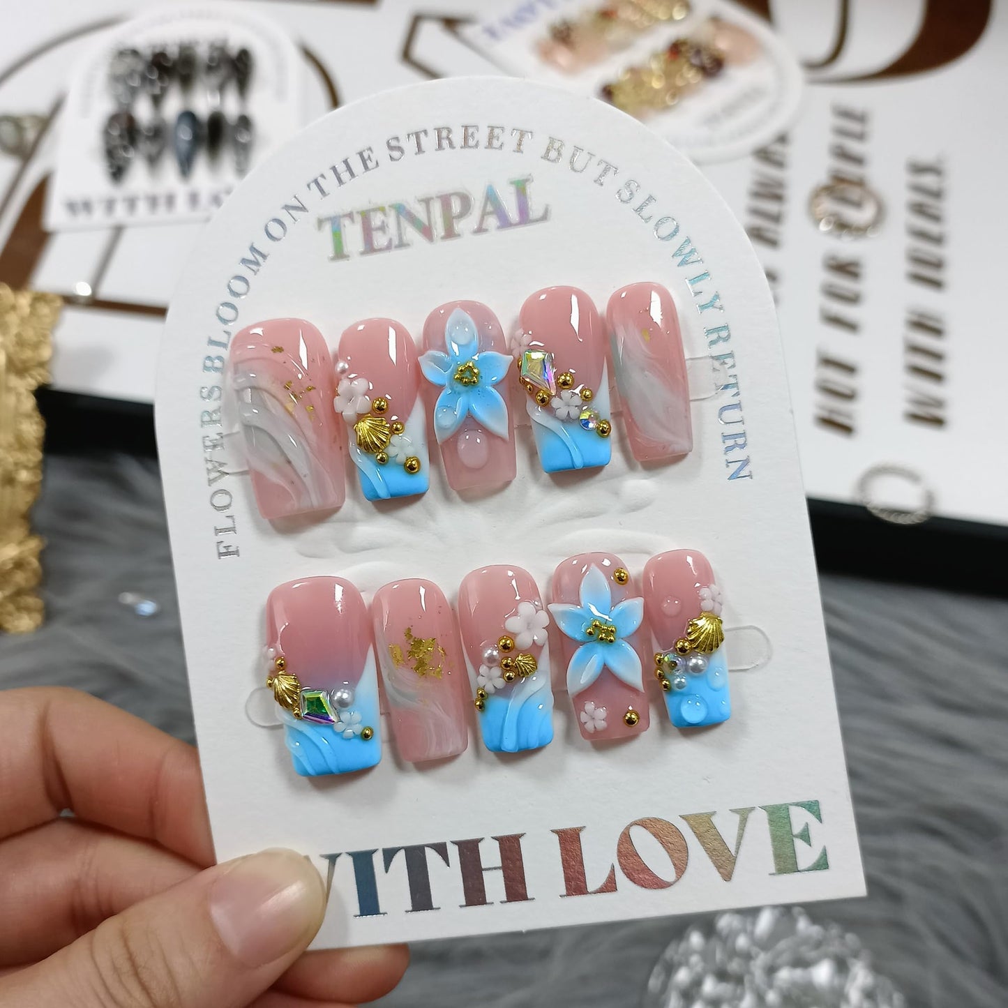 TENPAL Squoval Press on Nails - Blue Pink Ombre with 3D Floral Shell Relief | Reusable Icy Glossy Fake Nails with Tools | Everyday Elegant French Ocean Sky Blue Glue on Nails for Women Girls(S）