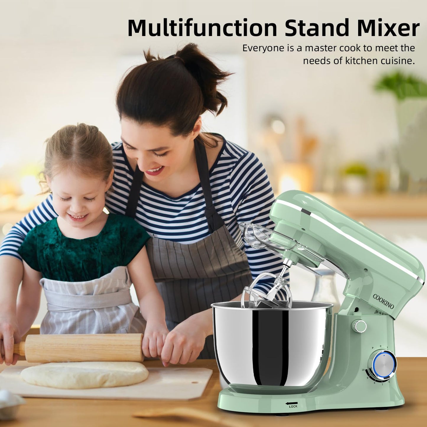COOKINO Electric Stand Mixer,10 Speeds 660W Tilt-Head Food Mixer, 3-IN-1 Kitchen Mixer for Daily Cooks with 6.5 QT Bowl,Dough Hook, Beater, Whisk (Agave Green)
