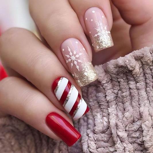 Christmas Press on Nails Gold Medium Square Fake Nails White Snowflake Full Cover Red Candy Christmas Nails Glossy False Nail Artificial Acrylic Nail for Women Girls 24 Pcs
