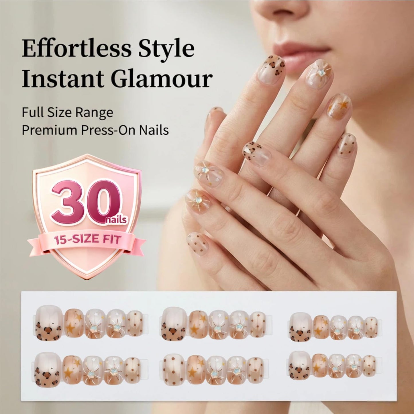 3D Nude Leopard Press On Nails, Short Oval Neutral Beige False Nails with Star Rhinestone Design, Glossy Textured On Nails for Women, Chic Everyday Manicure Set, 30PCS (The sizing runs small)