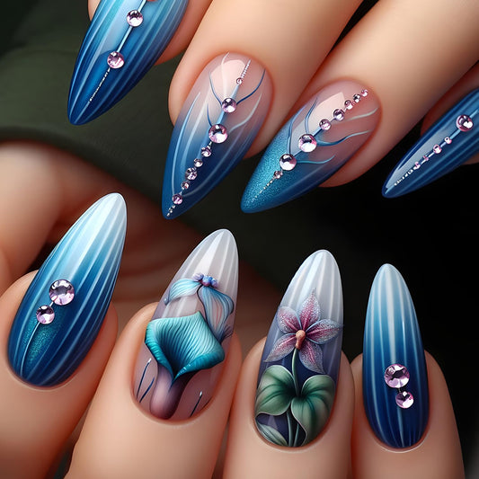 Blue Press on Nails Medium Almond Shaped Flower Pattern Design Gradient False Nail Glitter Rhinestones Artificial Acrylic Stick on Nails Press Ons with Design Stripes Manicure Glue on Nails for Women