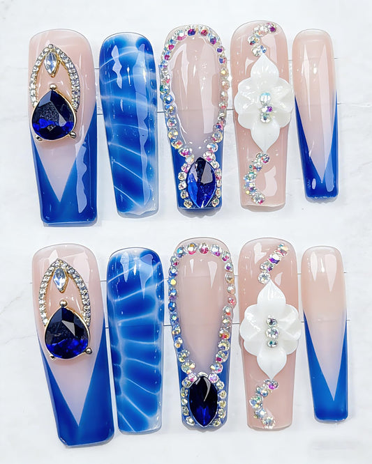 CAMILCY Luxury Handmade Coffin Press on Nails Long Length Blue Water Ripple Gem Flower Design Glossy Full Cover Acrylic Fake Nails for Women 10pcs (B22, M)