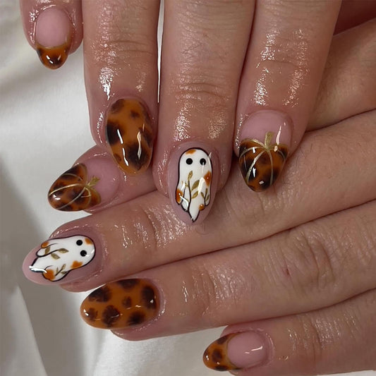 24 Pcs Halloween Press on Nails Almond Medium Ghost Fake Nails with Leopard Pumpkin Designs French Tip False Nsils Glue on Nail Brown Glossy Cute Halloween Artificial Nails for Women Manicure Tips