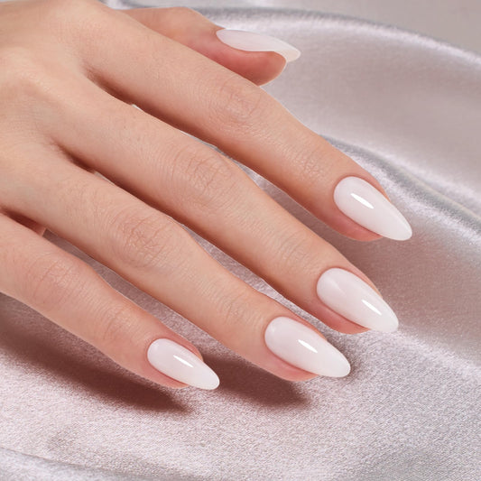 Beetles Natural Milky White Medium Almond Press On Nails - White Almond Press On Nails Soft Nail Gel with Nail Glue Adhesive Tabs Nail File Cleaning Wipe Cuticle Stick, 16 Sizes 32pcs