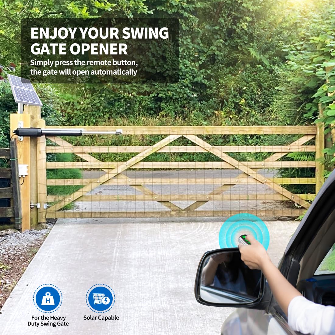 TOPENS A8S Automatic Solar Gate Opener for Heavy Duty Single Swing Gate Up to 18ft, Single Swing Gate Operator Battery Powered with Remote Control Kit Gate Motor Solar Panel Included