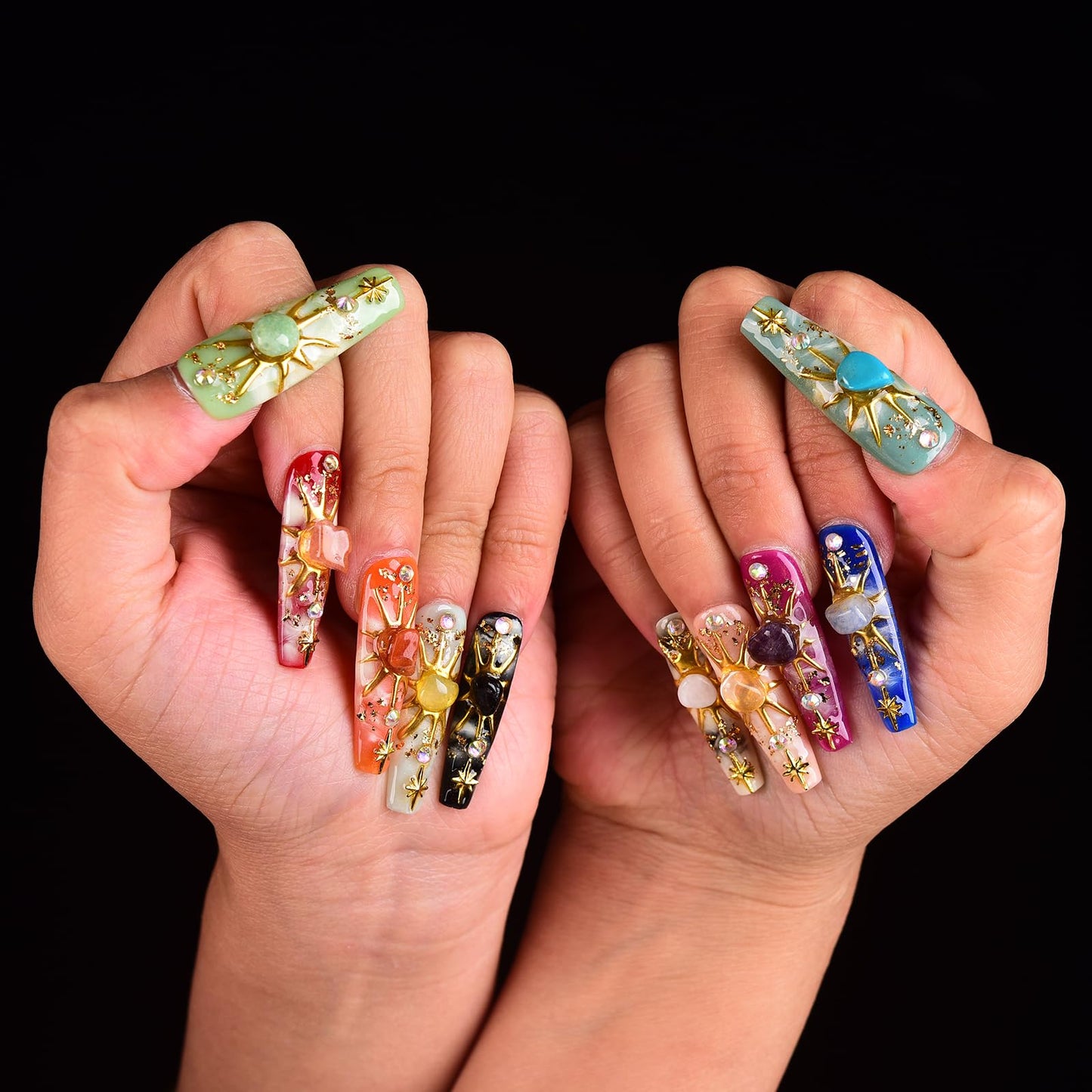 Tmani 10pc/set Long Handmade Press On Nail Hot Girl's Long Nails Ten Kinds of Natural Crystal Stone Decoration Fake Nails Suitable For Girls Festival Parties and Birthday Gift(260,S)