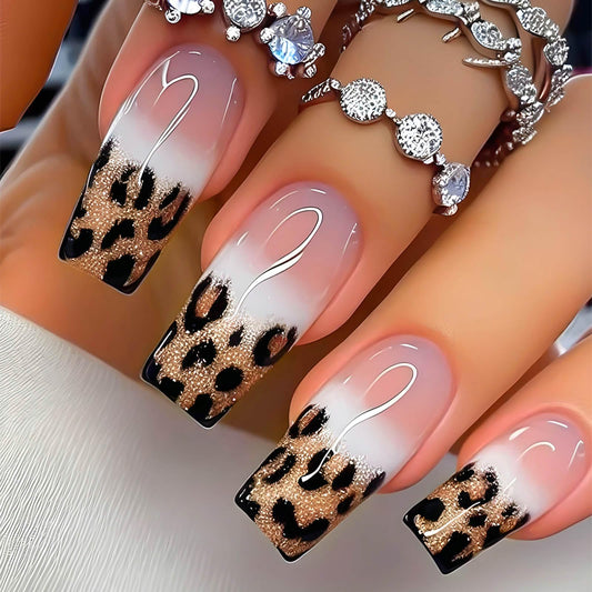 RUOKEXIN Medium Square Press on Nails French Tip Fake Nails Glitter Ombre False Nails with Leopard Designs Medium Nail Press ons Sparkly Artificial Nails Cute Stick on Nails for Women 24Pcs