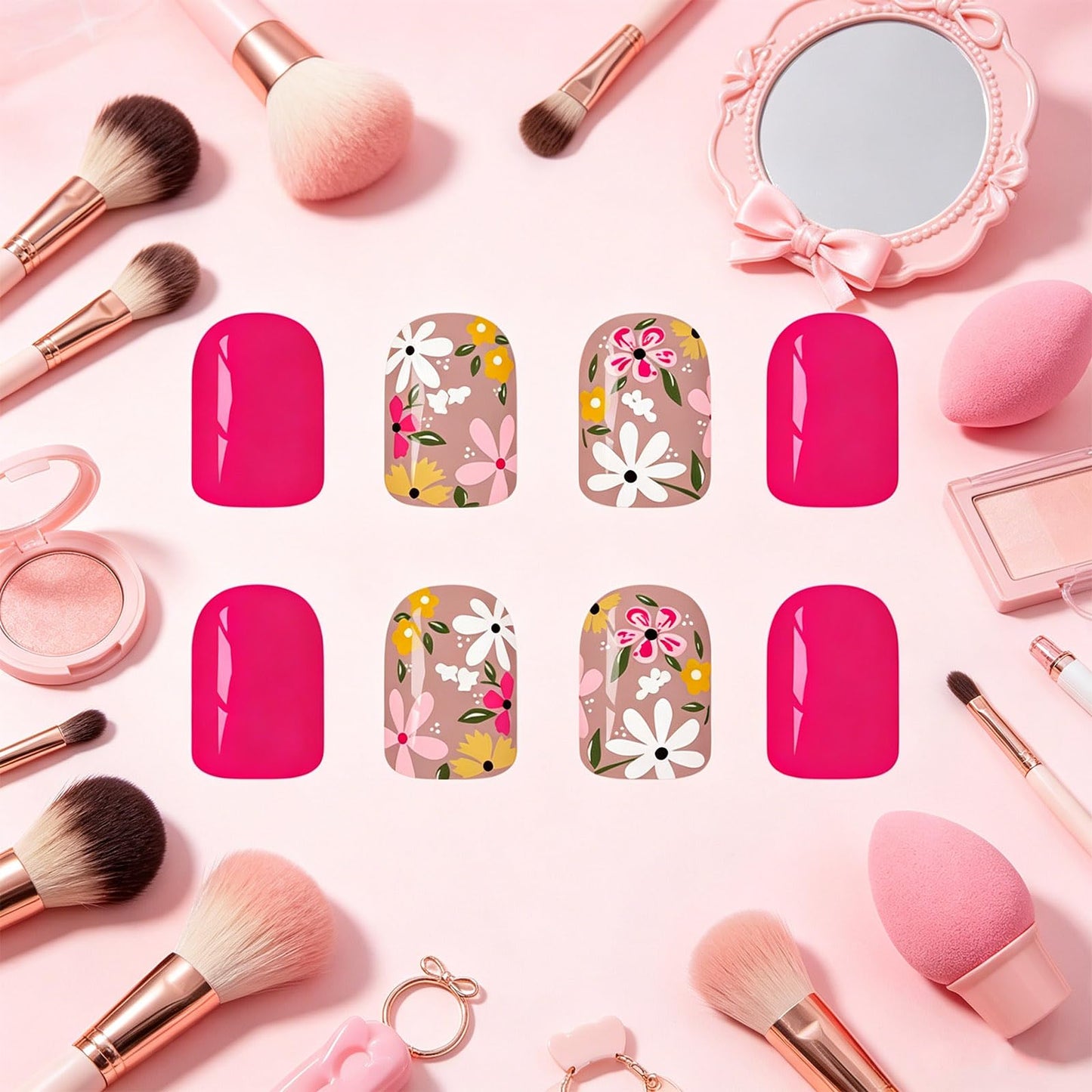 Flower Press on Nails with Summer Design Short Square False Nails Glossy Hot Pink Fake Nail Floral Full Cover Stick on Nail for Women Daily Party Wear Green Leaf Glue on Artificial Fingernails