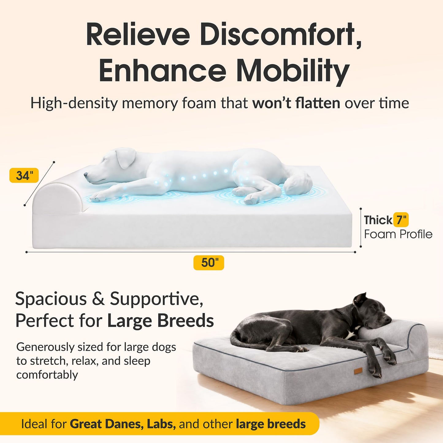 KOPEKS Orthopedic Memory Foam Dog Bed 7" Inch Thick Extra Large Dog Bed With Pillow Grey 50"x34"x10" Includes Waterproof Liner & Durable Removable Cover With Smart Design