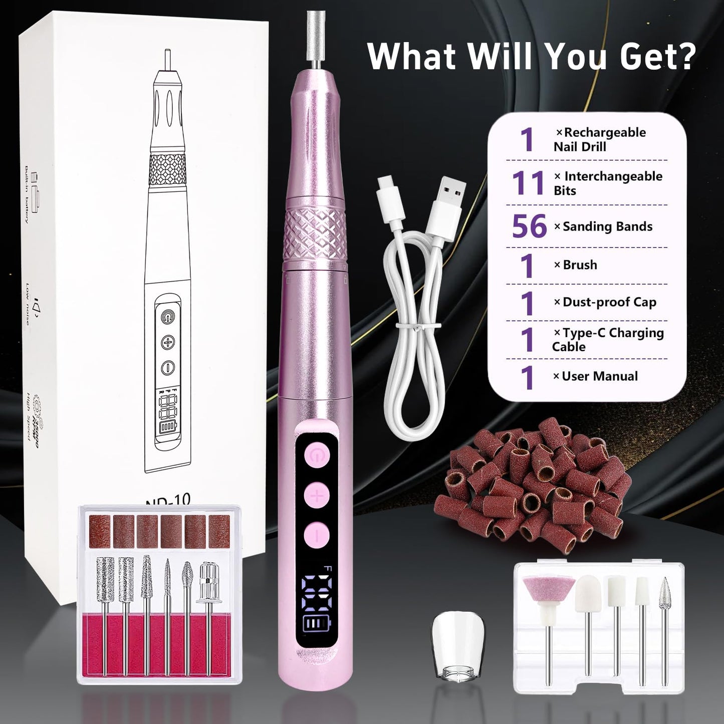 Cordless Nail Drill Electric Nail File Kit Rechargeable Professional Efile Nail Set, Portable Acrylic Gel Nail Polish Remover Machine Pedicure Manicure Tool, 11 Bits 39 Sanding Bands Salon Home