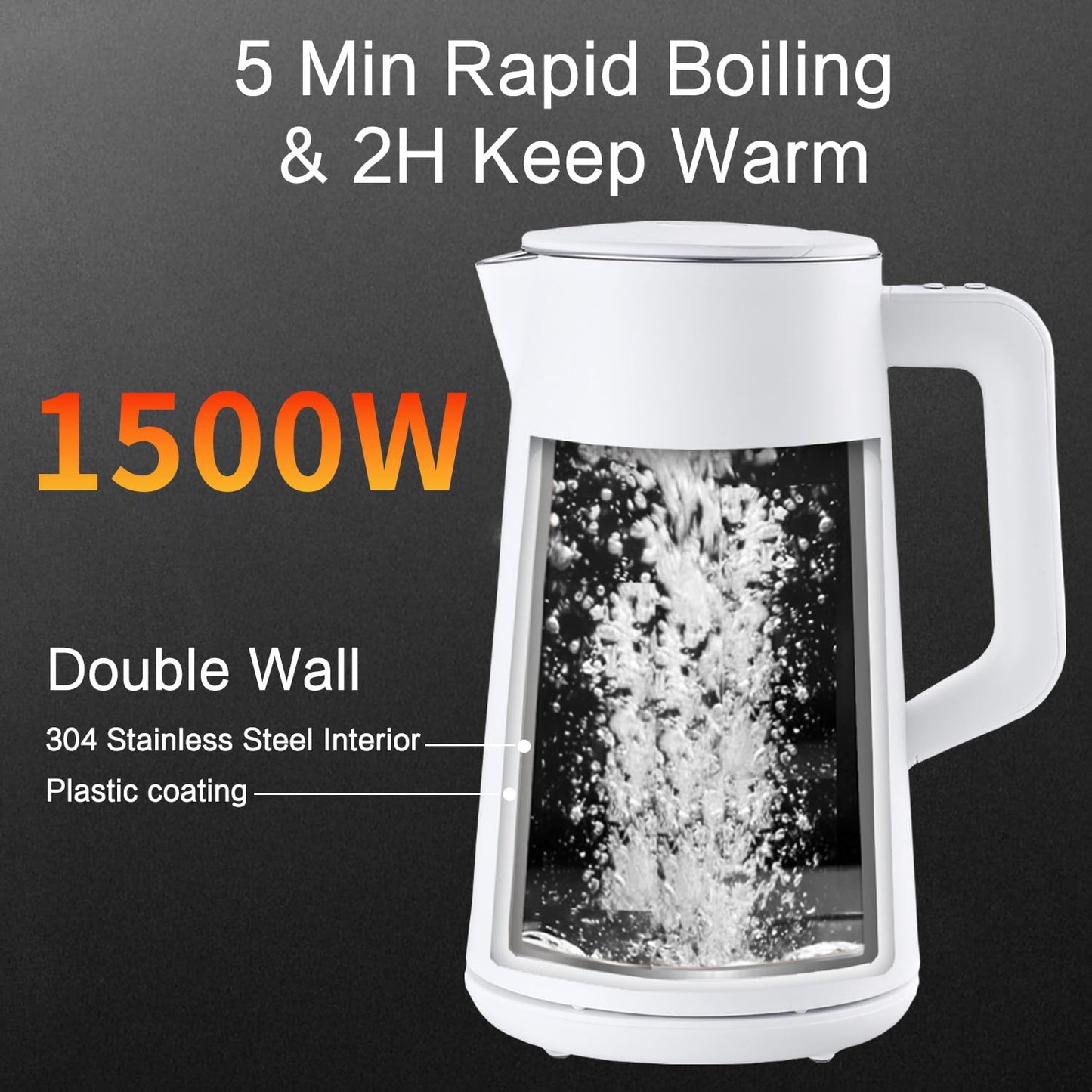 QUAXWELL Electric Kettle, 1.5L Stainless Steel, Double Wall Cool Touch Teapot, Fast Boil,5 Temperature Control, LED Display, Auto Shut-Off, BPA-Free,Keep Warm Function, Ideal for Tea & Coffee,White