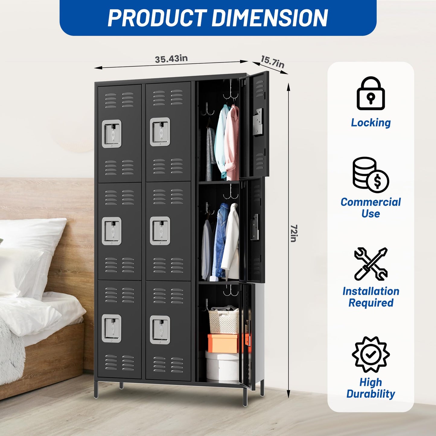 GarveeHome 9 Doors Metal Office Storage Cabinet, Metal Lockers for Employees with 27 Hooks and 9 Shelves, 72 Inch Tall Steel Storage Cabinet Locker for Home, Office, Gym, School, Black