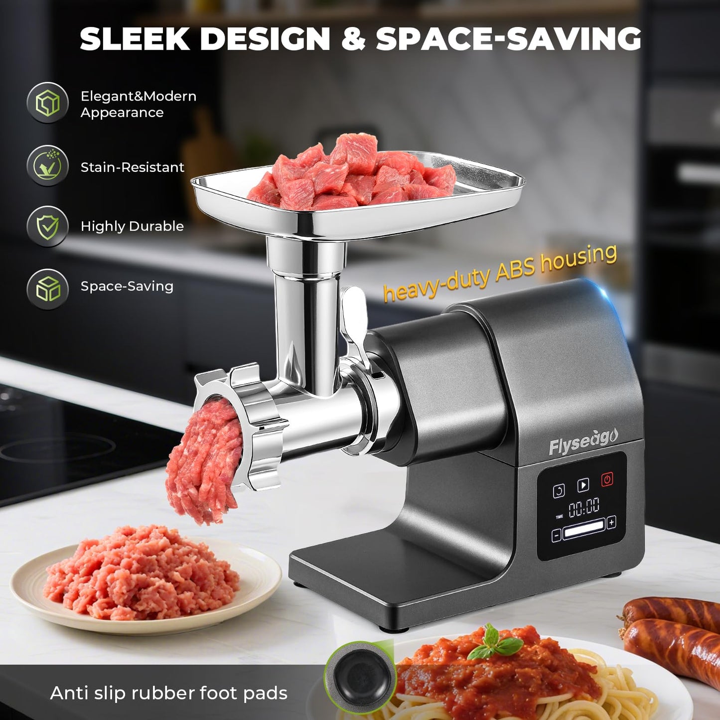 Flyseago Meat Grinder Electric 3200w Digital Touch Control Commercial Heavy Duty Meat Grinder and Sausage Stuffers, Kubbe Kit for Household Use & Commercial