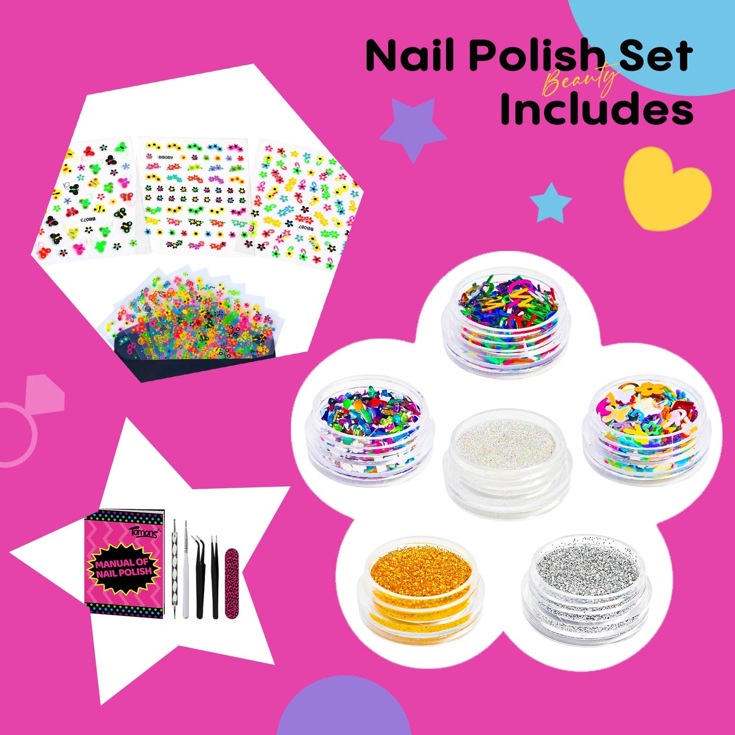 Tomons Nail Polish Set Non Toxic Kids Nail Polish Kit for Kids Ages 7-12, Birthday Gifts for 6 7 8 9 10 11 12 Year Girl, Glitter, Sequins, Stickers, Nail Art Kit Tools- 8 Colors