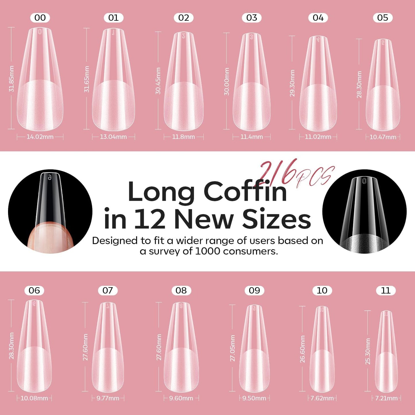 modelones X Nail Gel Kit Long Coffin, 9-in-One Nail Glue with Mini UV Light 216Pcs 12Sizes Pre-Etched Press ons Fake Acrylic Extension Kit DIY Salon Gift
