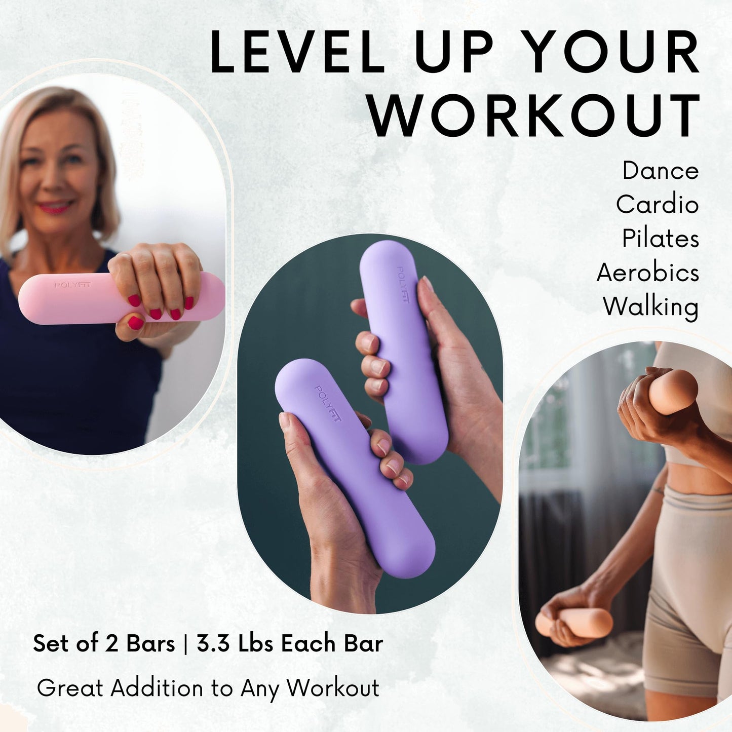 Polyfit Dumbbell Weight Bars for Women - 3.3 LB Each | 6.5 LB Pair - Dumbbell Set for Walking, Yoga, Dance, Barre, Pilates, Cardio, Aerobics - Sage