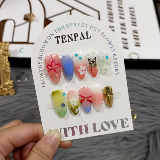 TENPAL Colorful Almond Nails,Handmade Press on Nails,Glossy Pink Green Purple Soft Gel Finished with Flower Butterfly Pattern,Acrylic Glitter Butterfly Nails For Summer(S)