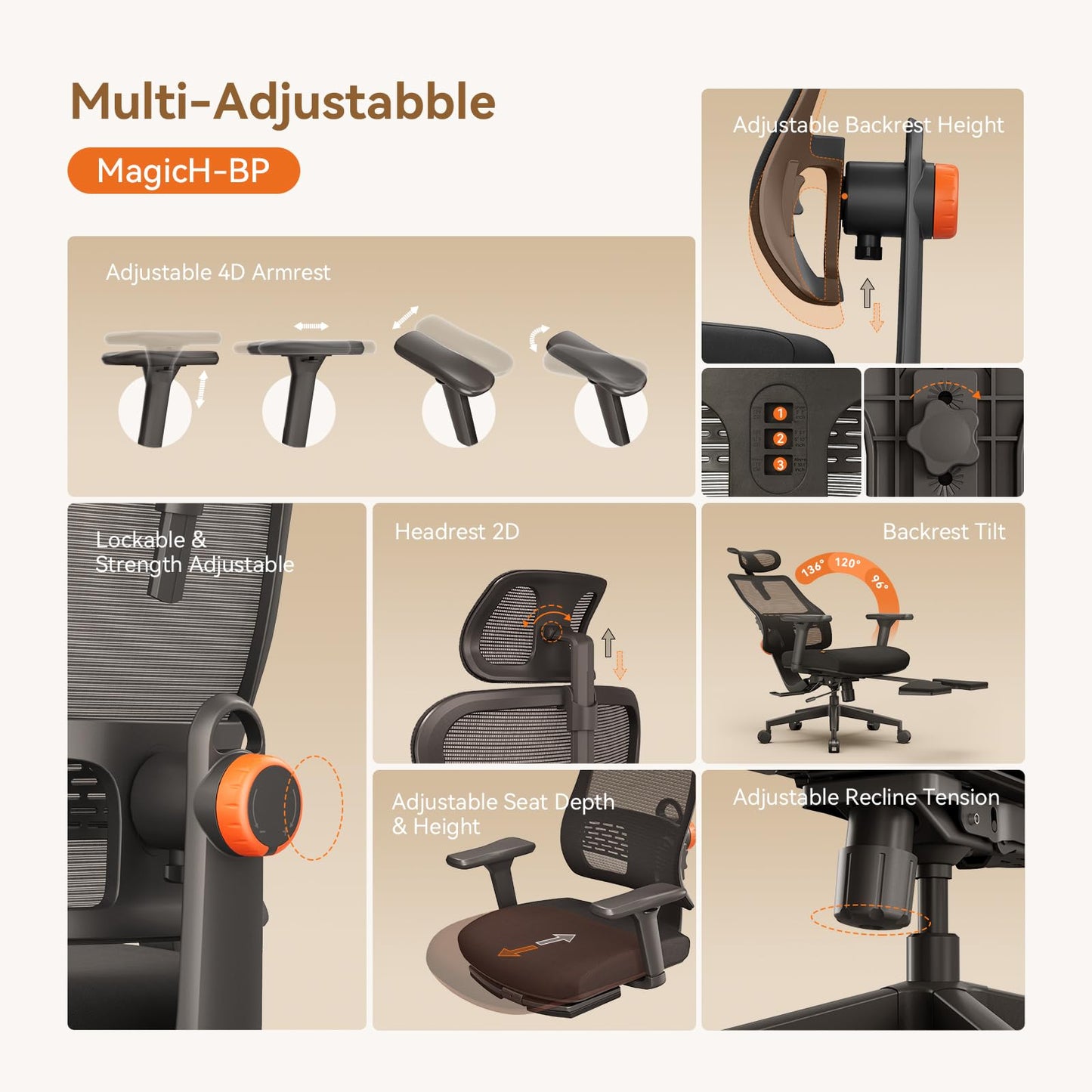 Newtral Office Chair Ergonomic with Footrest, Auto-Following Lumbar Support, High Back Desk Chair with 4D Armrest,136° Tilt Lock, Adjustable Seat Depth & Height (Upgrade with Laptop Tray, Black)