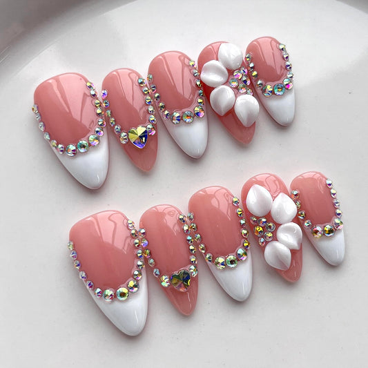French Tip Press on Nails Handmade Medium Almond 3D Floral Thick Acrylic Nails White False Nails with Flower Rhinestones Designs Elegant Glossy Fake Nail Sturdy Wedding Art Press on Nail 10Pcs(M)