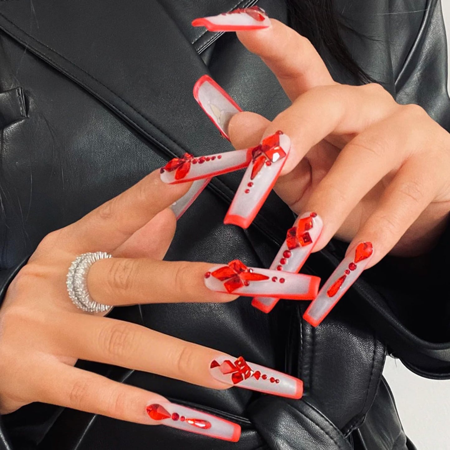 GREENTEA Handmade Nail Chinese Style Extra Long Press-On Nails, Red French Tips with Crystal Rhinestone Design, 10 Pieces,Size-M