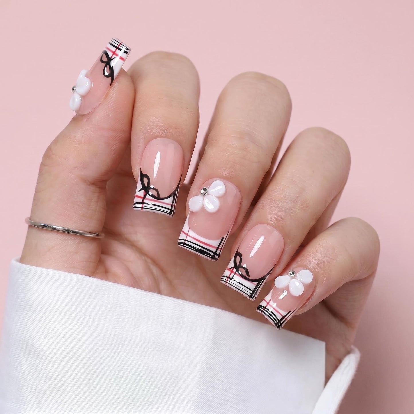 EasierGlow 10Pcs Handmade Short Square Press On Nails | Easy Apply & Remove, Reusable Salon Quality Nails | Nude Press Ons with Plaid French Tips, Hand-Drawn Bows & 3D Flower Accents (Y215, S)